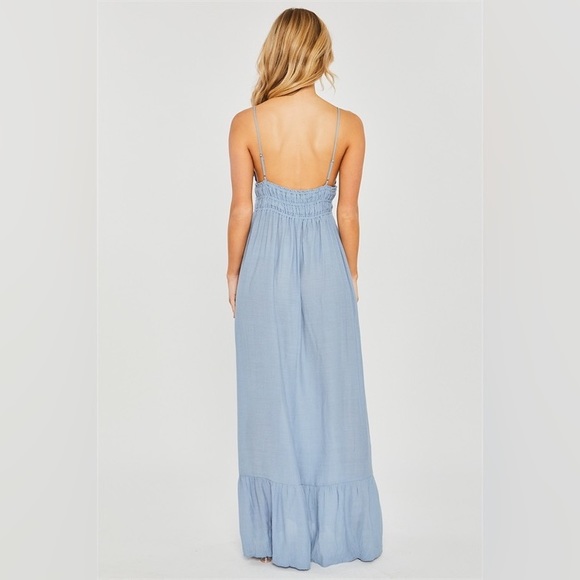 SKY BLUE SKINNY SPAGHETTI STRAP WOVEN SOLID FLOWY RUFFLE MAXI DRESS - Picture 3 of 5